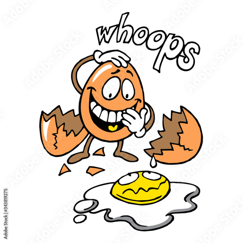Egg laughs in an accident, the other egg broke and spilled out of the shell, text whoops, color cartoon joke
