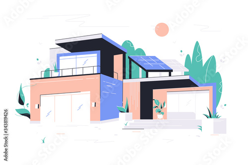 Modern big house with garage, balcony and roof solar panel.