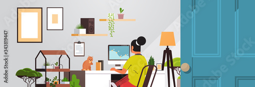 woman freelancer using computer monitor working at home during coronavirus quarantine self-isolation social distancing concept living room interior horizontal portrait vector illustration