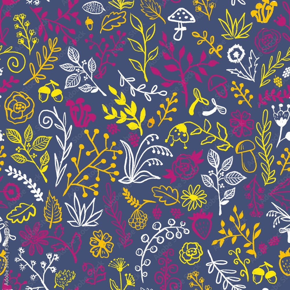 forest seamless pattern with plants, berries, herbs, flowers and mushrooms
