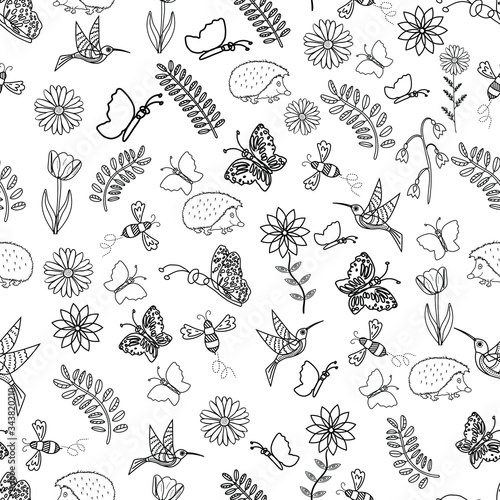 Cute seamless vector pattern background with hand drawn spring elements. 