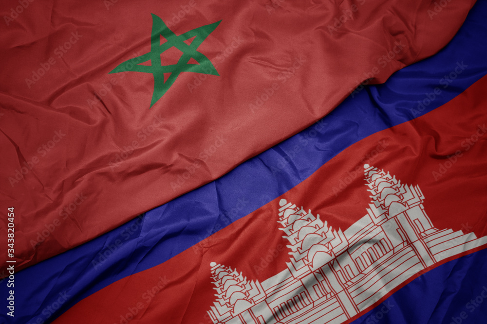 waving colorful flag of cambodia and national flag of morocco. waving colorful flag of cambodia and national flag of morocco.