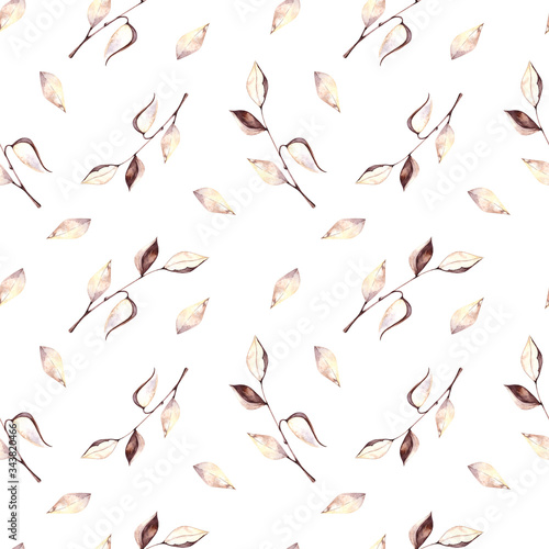 Watercolor seamless pattern of autumn leaves on a white background. Botanical illustration. Design for wedding invitations, greeting cards, postcards.