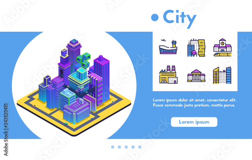 Vector banner isometric futuristic city, line icon