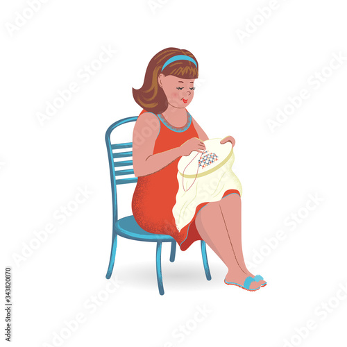 Cheerful cute  girl in red dress is embroidering. Vector isolated illustration with texture in cartoon style.