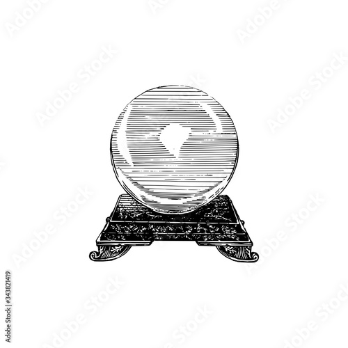 Magical crystal sphere, vector illustration in engraving style. Vintage pastiche of mystical symbol. Drawn sketch.