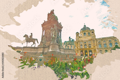 Canvas Print Color pencil drawing picture of Kunsthistorisches Museum Famous landmark of Vienna Austria