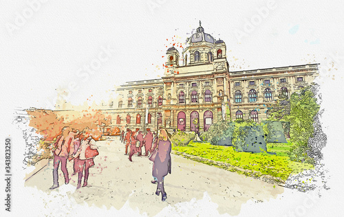 Photography Watercolor painting picture of Kunsthistorisches Museum Famous landmark of Vienna Austria