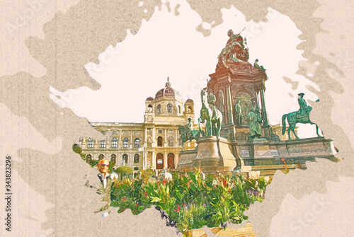 Photography Color pencil drawing picture of Kunsthistorisches Museum Famous landmark of Vienna Austria