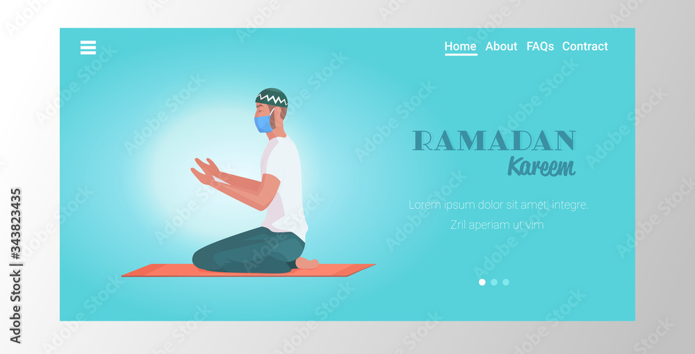 religious muslim man in mask praying ramadan kareem holy month religion coronavirus pandemic quarantine concept flat full length horizontal copy space vector illustration religious muslim man in mask praying ramadan kareem holy month religion coronavirus pandemic quarantine concept flat full length horizontal copy space vector illustration