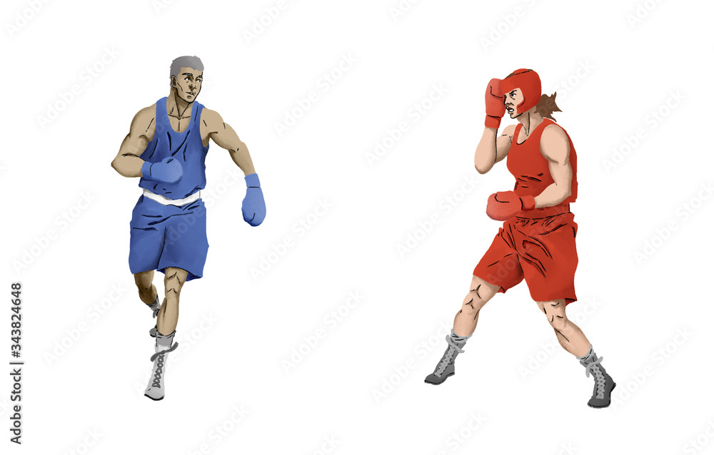 Man and woman boxer in red and blue olympic games illustration