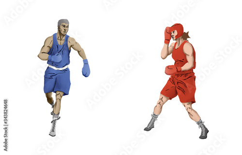 Man and woman boxer in red and blue olympic games illustration