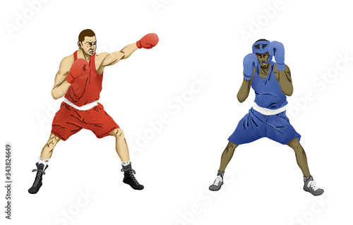 Man boxer in red and woman boxer  in blue olympic games illustration