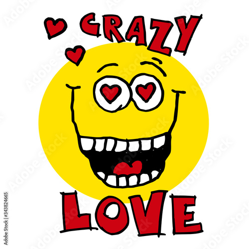 Emoticon smiley with hearts in his eyes and around him, valentine's day motif, crazy love, colorful cartoon joke