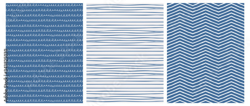 Set of 3 Hand Drawn Irregular Geometric Patterns. White Chevron and Waves with Loops on a Navy Blue Background. Blue Horizontal Stripes on Light Gray Layout. Cute Infantile Style Illustration. 
