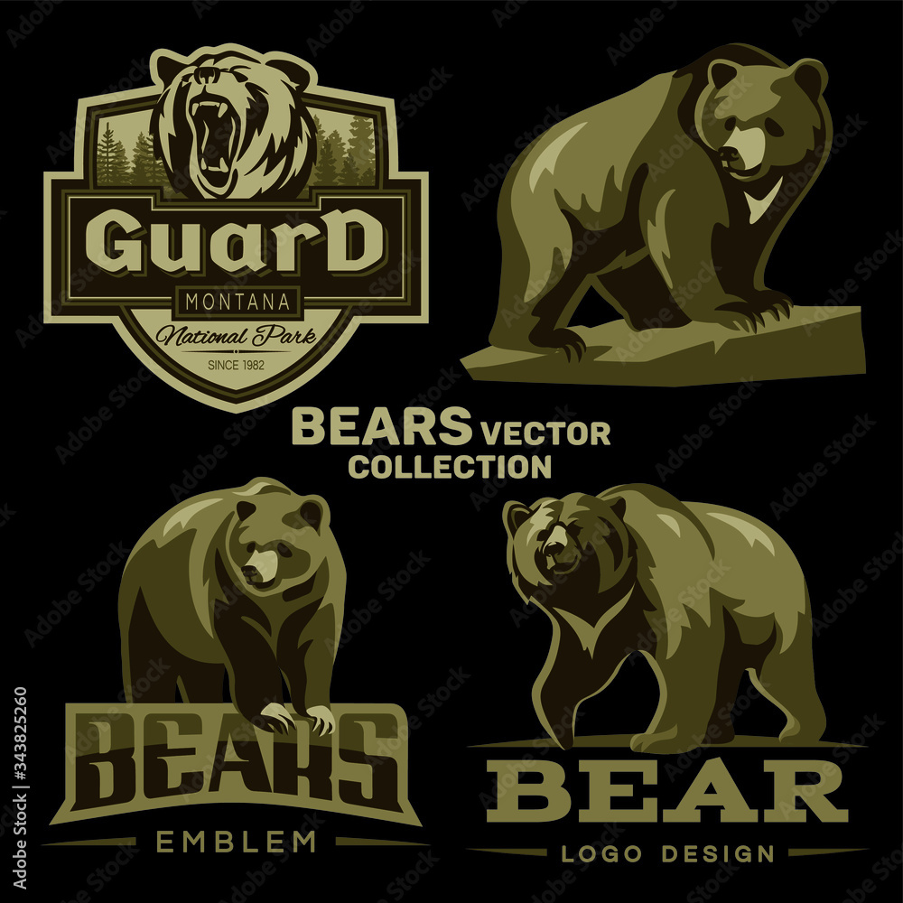 Obraz premium Vector collection of bear logos on a black background.