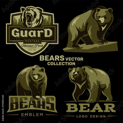 Vector collection of bear logos on a black background.