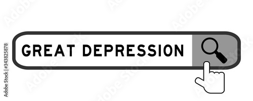 Search banner in word great depression with hand over magnifier icon on white background