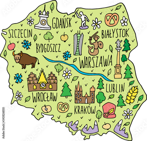 Fototapeta Naklejka Na Ścianę i Meble -  Colored hand drawn doodle Poland map. Polish city names lettering and cartoon landmarks, tourist attractions cliparts. travel, trip comic infographic poster.