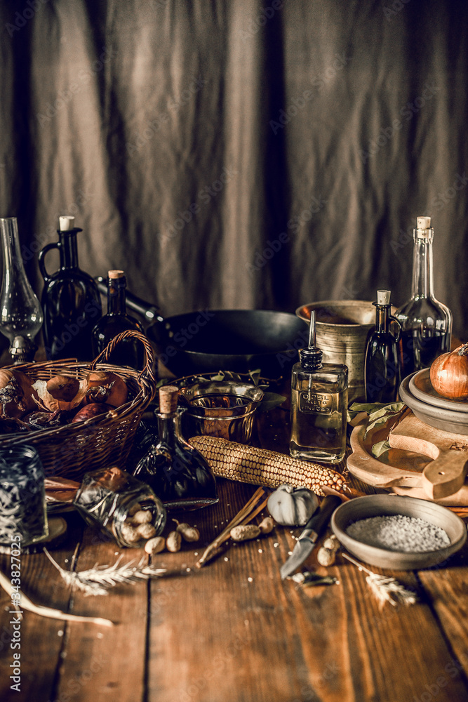 Fototapeta premium still life with food on a rustic wooden table