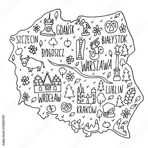 hand drawn doodle Poland map. Polish city names lettering and cartoon landmarks, tourist attractions cliparts. travel, trip comic infographic poster.