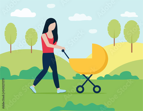 a young woman walks with a stroller in the park. Vector illustration with Young mother and child. An element of ordinary life. Yellow stroller, a Jogging suit.