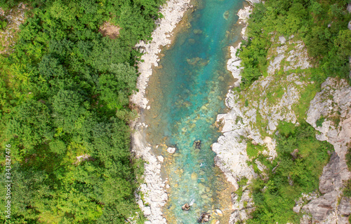 Drone view of turquoise river and forest