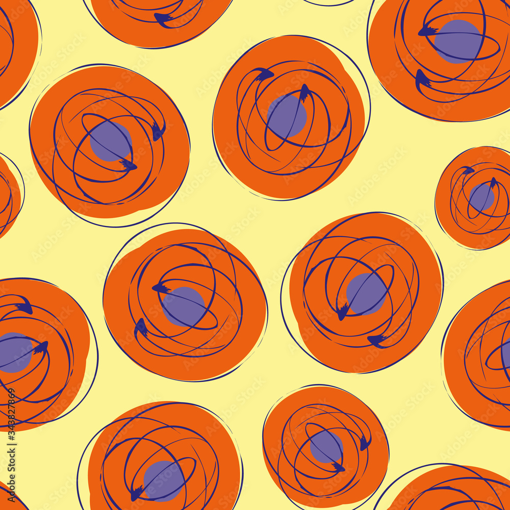 Obraz premium Scribbled ink grunge circle vector seamless pattern background. Hand drawn brush stroke ring shapes multicolor backdrop. Bold abstract swirl design. Modern all over print for vacation summer concept.