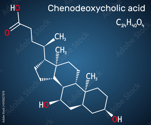 Chenodeoxycholic acid, CDCA, chenocholic acid, C24H40O4 molecule. It is bile acid naturally found in the body. It is used as cholagogue, choleretic laxative, and to dissolve gallstones photo