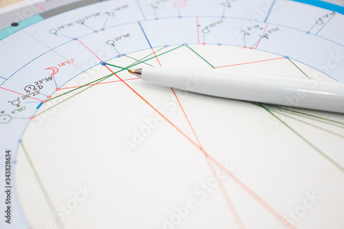 The workplace of a modern astrologer. Accessories of an astrologer. Printouts of computer astrological maps and tables. Astrological symbols and signs.