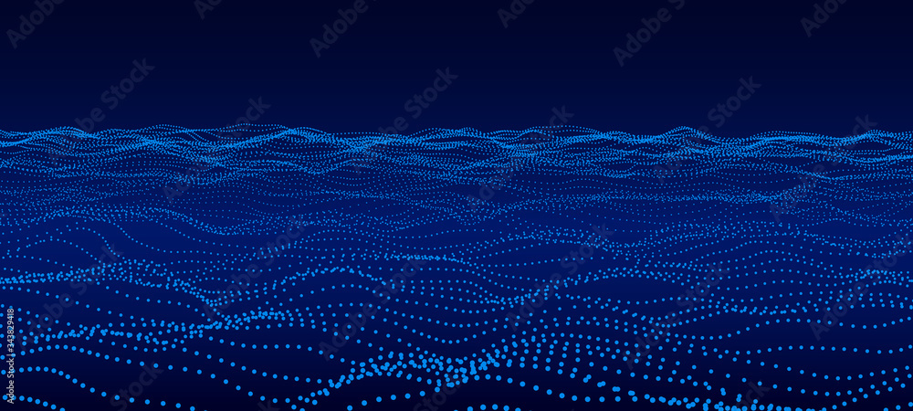 Abstract background of moving particles. Futuristic dotted 3D wave. Big data. Vector illustration. Abstract background of moving particles. Futuristic dotted 3D wave. Big data. Vector illustration.