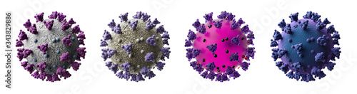 Set of stylized medical illustrations of coronavirus infection COVID-19. Renders of 3D models isolated on white background.