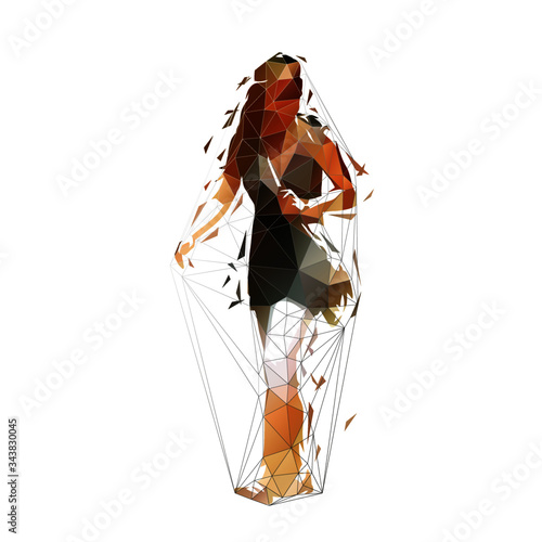 Woman with handbag walking, young lady profile. Low polygonal isolated vector illustration
