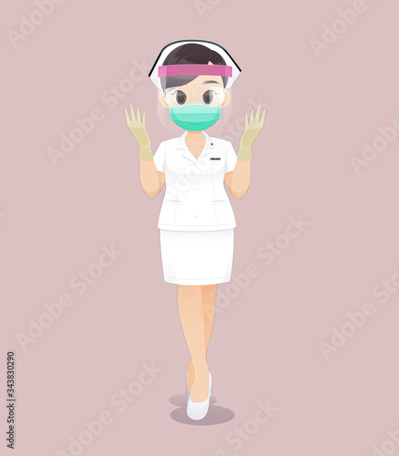 Cartoon woman doctor or nurse wearing face shield in a white uniform on a pink background, Female nursing wearing medical gloves and wearing a health mask, Vector illustration in character design