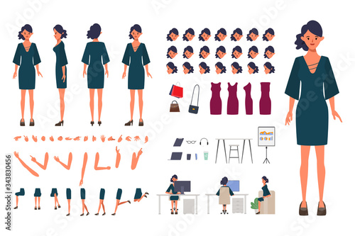 Businesswoman character creation for animation. Animated face emotion and mouth and hair. Set of businesswoman doing job flat design.