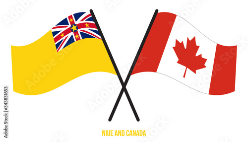 Niue and Canada Flags Crossed And Waving Flat Style. Official Proportion. Correct Colors