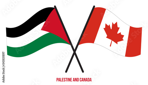 Palestine and Canada Flags Crossed And Waving Flat Style. Official Proportion. Correct Colors