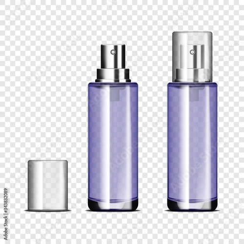 Empty glass spray bottle with clear cap on transparent background, vector mockup. Cosmetic product container, mock-up