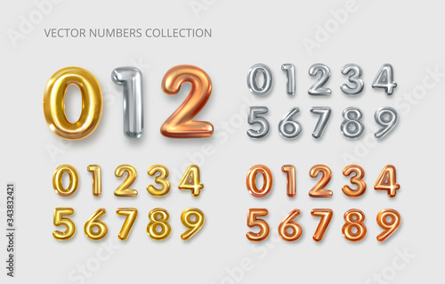 Gold, silver, copper numbers. Balloons from 0 to 9. 3d numbers. Party, birthday, anniversary and wedding celebration. Golden round font. Realistic design elements. Festive set isolated. Vector