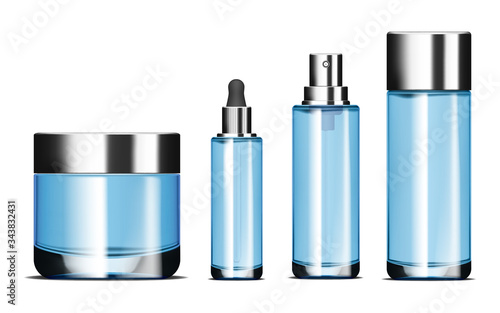 Clear blue glass cosmetic bottles isolated on white background, vector mockup set. Face cosmetics packaging, mock-up