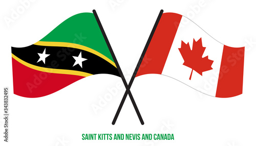 Saint Kitts & Nevis and Canada Flags Crossed And Waving Flat Style. Official Proportion