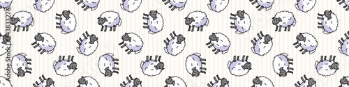 Cute white sheep cartoon seamless vector border. Hand drawn agriculture livestock. Farm animal all over print on check background. Wooly ewe backdrop. 