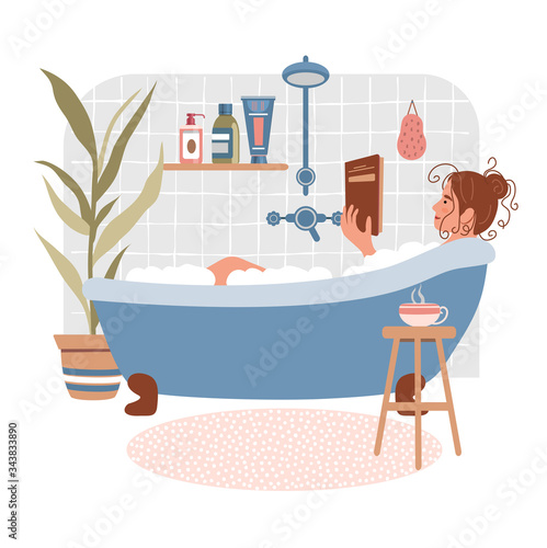 Young woman relaxes in bath and reads book. Daily life and everyday routine. Girl is in cozy bathroom with home plants and cup of tea. Cartoon vector illustration. Vector illustration in flat style.