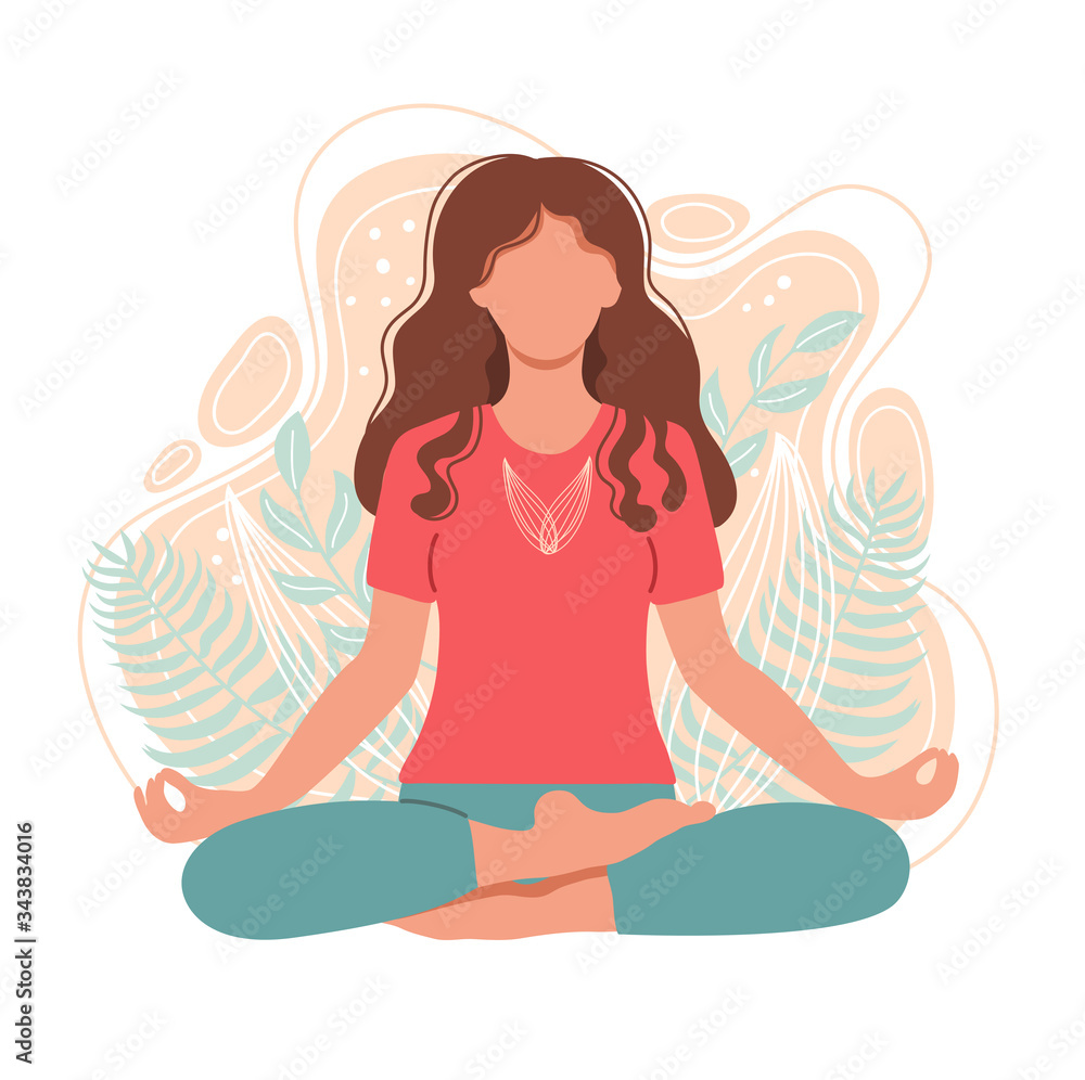 Young woman meditating and sitting in lotus on the natural background. Concept illustration for yoga, meditation, relax and healthy lifestyle. Vector illustration in flat style Young woman meditating and sitting in lotus on the natural background. Concept illustration for yoga, meditation, relax and healthy lifestyle. Vector illustration in flat style
