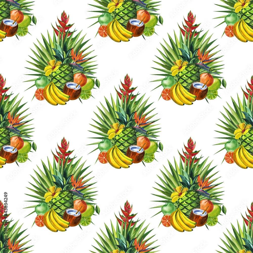Fototapeta premium Watercolor seamless floral pattern with fruts hand drawing decorative background. Hand drawn watercolor illustration. Print for textile, cloth, wallpaper, scrapbooking