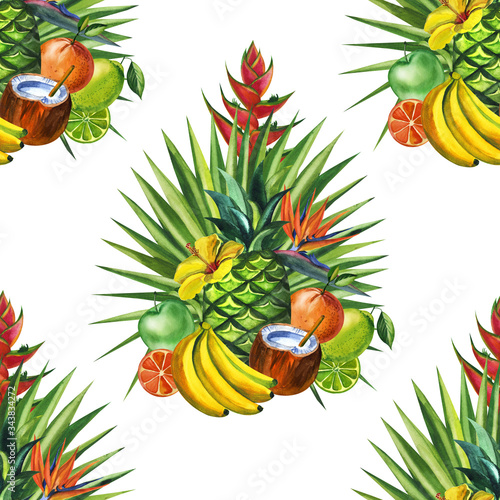 Watercolor seamless floral pattern with fruts hand drawing decorative background. Hand drawn watercolor illustration. Print for textile, cloth, wallpaper, scrapbooking