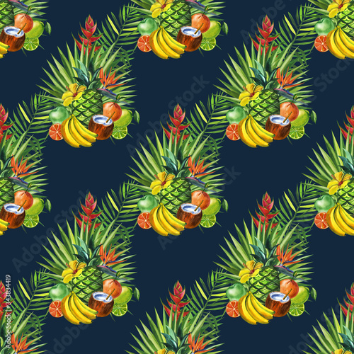 Watercolor seamless floral pattern with fruts hand drawing decorative background. Hand drawn watercolor illustration. Print for textile, cloth, wallpaper, scrapbooking