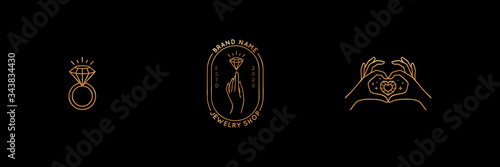 Set of gold jewelry logo design templates in trendy linear and minimal style. Vector emblems