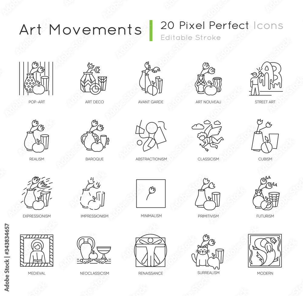 Art movements pixel perfect linear icons set Art movements pixel perfect linear icons set