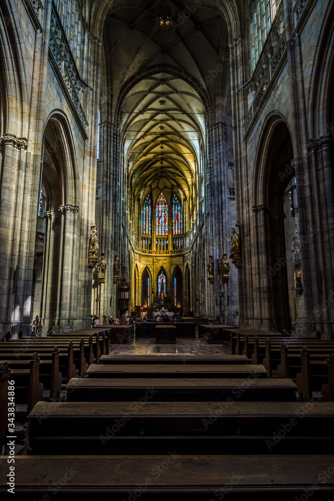Prague. Chech Republic. Interior of the Metropolitan Cathedral of Saints Vitus, Wenceslaus and Adalbert. The cathedral is an excellent example of Gothic architecture. Toning. Stylization.